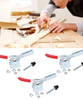 Beefy Vertical Clamp Set Three Pack With 90 Kg 198 Lbs Max Clamping Force Quick Release Woodworking Clamp Lever Action And 60 Degree Handle Opening For Secure Smooth Clamping, three red-handle metal clamps