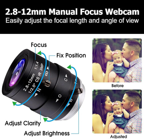 Close-up of a 2.8-12mm varifocal lens showing focus adjustments, used on 1080P USB Webcam With 2.8-12mm Varifocal Lens For Video Conference And Streaming