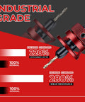 Industrial-grade countersink drill bits in red, showing 220% efficiency and 280% wear resistance, for wood projects.