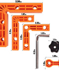 90 Degree Clamp Set With Positioning Squares Three Inch Four Inch And Two Point Three Inch Right Angle Clamp With Twelve Clamping Squares For Corner Jigs And Woodworking Projects Like Picture Frames Cabinets And Boxes Handy Pro Grade Gear For Your Shop, featuring three sizes of orange squares and metal clamps.