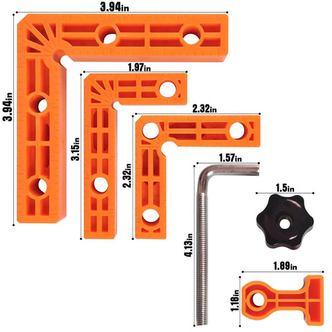 90 Degree Clamp Set With Positioning Squares Three Inch Four Inch And Two Point Three Inch Right Angle Clamp With Twelve Clamping Squares For Corner Jigs And Woodworking Projects Like Picture Frames Cabinets And Boxes Handy Pro Grade Gear For Your Shop, featuring three sizes of orange squares and metal clamps.