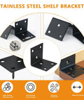 Rock Solid Built Tough Heavy Duty Black Stainless Steel L Brackets 4 Pack showcasing matte finish and countersunk holes for strong support.