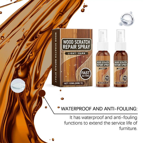 Wood Scratch Repair Spray For Furniture And Floors, Quick Fix That Restores Finish, Eliminates Scratches, Adds Natural Shine, And Creates A Protective Barrier For Durable, Easy To Use Polish product box and two bottles displayed.
