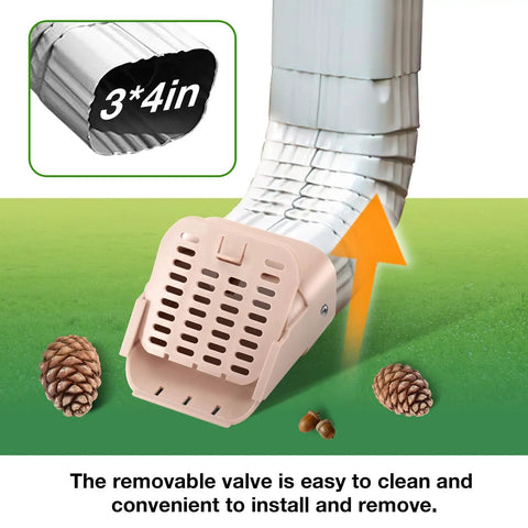 Close-up of Two Pack Type A Downspout Extenders For 3x4 Inch Gutters With Leaf Guard Easy Install Diverter Outlet Filter on lawn.