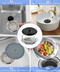 4 Pack Kitchen Sink Strainer Stopper Set in sinks showing installation steps and food catching function
