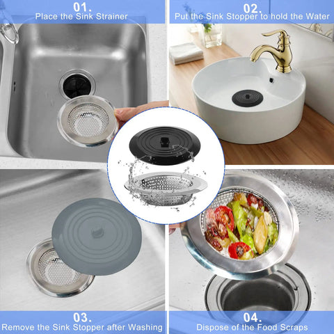 4 Pack Kitchen Sink Strainer Stopper Set in sinks showing installation steps and food catching function