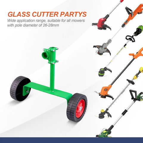 Adjustable String Trimmer Support Wheel Attachment For 26mm And 28mm Poles, green ergonomic roller with wheels for trimming ease.