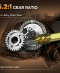 Close-up of zinc alloy main gear and brass pinion gear in Lethal Blaze Spinning Fishing Reel With Ultra Smooth Drag And 5 Point 2 To 1 Gear Ratio CNC Aluminum Spool Perfect For Bass And Trout In Freshwater And Inshore Angling displaying 5.2:1 gear ratio.