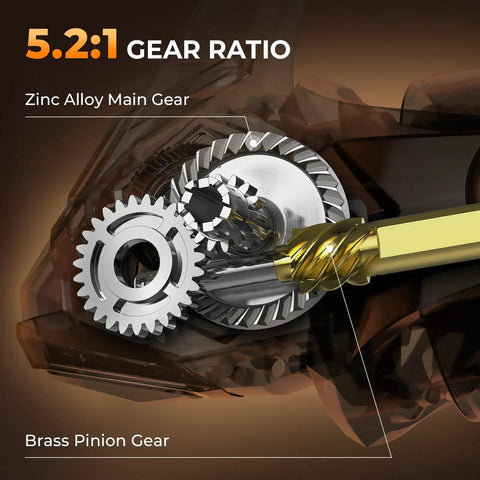 Close-up of zinc alloy main gear and brass pinion gear in Lethal Blaze Spinning Fishing Reel With Ultra Smooth Drag And 5 Point 2 To 1 Gear Ratio CNC Aluminum Spool Perfect For Bass And Trout In Freshwater And Inshore Angling displaying 5.2:1 gear ratio.
