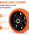 Six Inch Caster Replacement Wheels Four Pack Orange Heavy Duty Polyurethane With Hardened Steel Core Non Marking Tread showing silent smooth strong rolling capabilities.