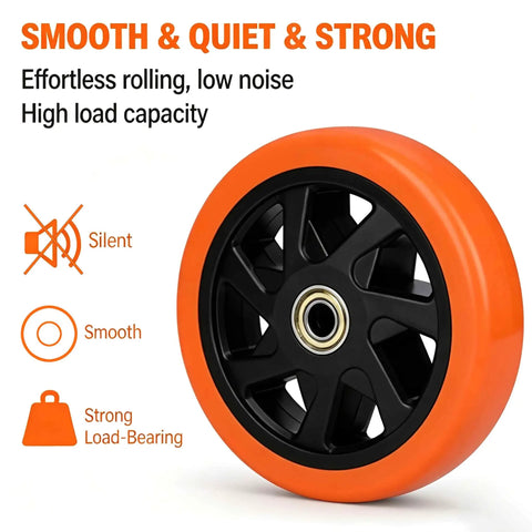 Six Inch Caster Replacement Wheels Four Pack Orange Heavy Duty Polyurethane With Hardened Steel Core Non Marking Tread showing silent smooth strong rolling capabilities.