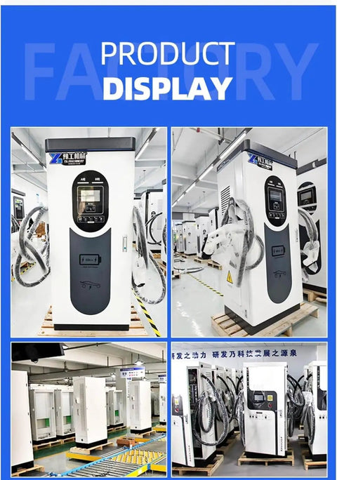 Top Shelf Dual Port EV Charger Commercial Charging Station Built For Fleets And Business Parking Lots To Keep Your Rig Fully Loaded Without Any Hiccup Featuring A No Sweat Dual Connector Design That Runs Smooth As Butter Daily in a factory setting, showcasing multiple units.