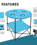 Folding Camping Table Lightweight Double Layer Round Table With 4 Cup Holders And Carry Bag Portable Beach Table For Camping Travel Fishing And Outdoor Activities Blue with features highlighted