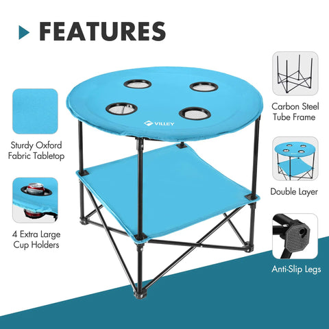Folding Camping Table Lightweight Double Layer Round Table With 4 Cup Holders And Carry Bag Portable Beach Table For Camping Travel Fishing And Outdoor Activities Blue with features highlighted
