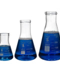 Three Erlenmeyer flasks from Five Piece Narrow Mouth Erlenmeyer Flask Set in Borosilicate 3.3 Glass with blue liquid
