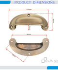 Antique Brass Cup Pull Handle With Ergonomic Grip For Cabinets Drawers Wardrobes And Kitchen Cupboards dimensions shown