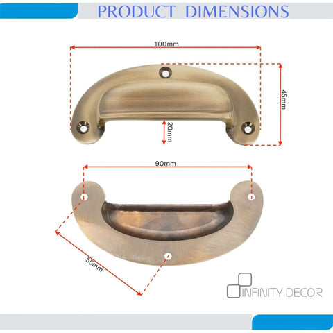 Antique Brass Cup Pull Handle With Ergonomic Grip For Cabinets Drawers Wardrobes And Kitchen Cupboards dimensions shown