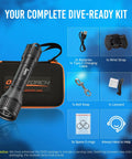 Beast 1000 Lumen Underwater Dive Light With Wrist Strap, Tail Switch, Three Modes, IP68 Waterproof, hands-free kit contents