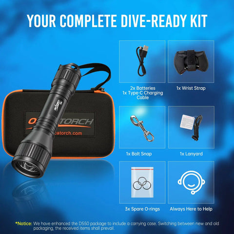 Beast 1000 Lumen Underwater Dive Light With Wrist Strap, Tail Switch, Three Modes, IP68 Waterproof, hands-free kit contents