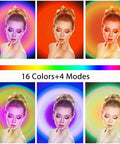Six varied color displays with model showing Sunset Projection Lamp 6W LED With 180 Degree Rotating Head, Wireless App Control And Remote, 16 Color Modes, Cozy Sunset Vibe Ambient Lighting For Bedroom And Living Room Decor highlighting features.