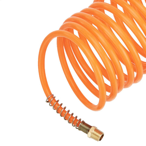 1/4-Inch NPT Air Compressor Tool Kit With 25-Foot Nylon Hose close-up showing coiled orange hose and brass connector