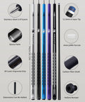 Slick Carbon Fiber Pool Cue Set Featuring Pro Taper Shaft And Low Deflection Design Giving Spot On Accuracy And Smooth Spin Action Killer For Intermediate Players Racking Up Knockout Wins At Local Billiard Tables - display of various cue shafts with details.