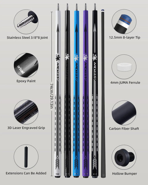 Slick Carbon Fiber Pool Cue Set Featuring Pro Taper Shaft And Low Deflection Design Giving Spot On Accuracy And Smooth Spin Action Killer For Intermediate Players Racking Up Knockout Wins At Local Billiard Tables - display of various cue shafts with details.