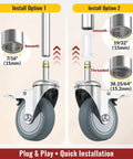 Built Tough 3 Inch Locking Caster Wheels Set Of 4 Heavy Duty TPR Rubber Swivel Castors With Top Lock Brake 7/16 Stem installation options