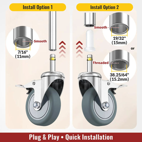 Built Tough 3 Inch Locking Caster Wheels Set Of 4 Heavy Duty TPR Rubber Swivel Castors With Top Lock Brake 7/16 Stem installation options