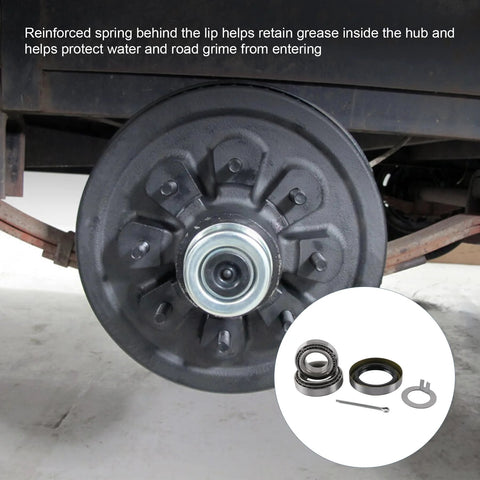 Heavy Duty Trailer Hub Bearing Kit For 5200-7000 Lb Tandem Axles, Set Of 4, installed on a wheel with grease seals visible.