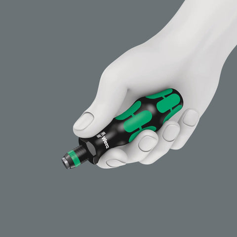 Hand holding ergonomic handle of Kraftform Countersink Bit Set With Rapidaptor Quick Release Chuck Eight Piece Includes Bitholding Screwdriver.