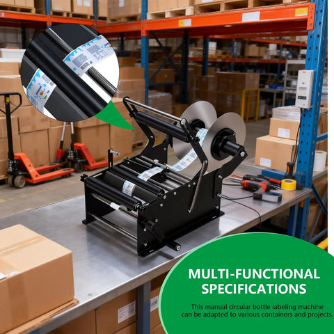 Wultek Manual Bottle Labeling Machine Compact Desktop Sticker Applicator Easy Setup Space Saving Design on a workstation