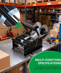 Handheld Self Adhesive Bottle Labeler Compact Manual Applicator Tool for Cans Jars With Handle in warehouse setting, showing labels.