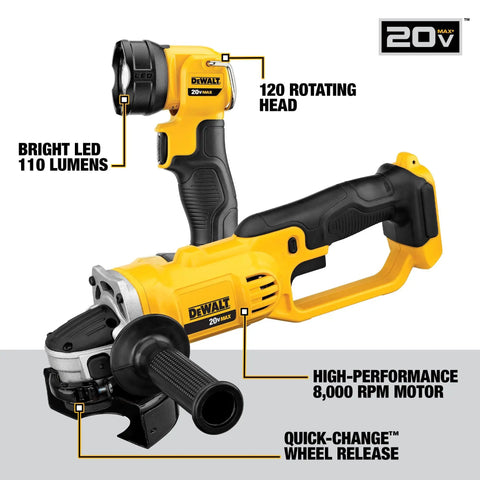 20V Max Cordless Tool Combo Kit angle grinder with LED light, 120° rotating head, and 8,000 RPM motor