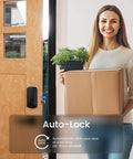 A100F Keypad Fingerprint Door Lock With Keyless Entry installed on wooden door, woman holding box and plant near door