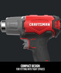 Side view of cordless heat gun with fast seven-second heat up that reaches 950 degrees Fahrenheit, ultra compact for tight spaces.