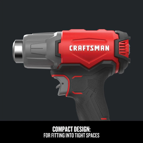 Side view of cordless heat gun with fast seven-second heat up that reaches 950 degrees Fahrenheit, ultra compact for tight spaces.