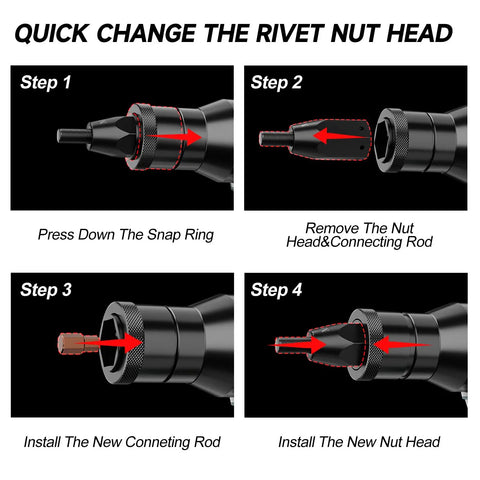 Cordless Rivet Nut Tool Kit 2 In 1 Rivet Gun For Automotive And DIY, 18V Battery Compatible, quick change steps.