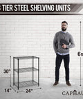 Three To Five Tier Adjustable Height Wire Shelving Unit With Heavy Duty Steel Frame And 250 Lb Per Shelf Capacity For Garage Organizer Pantry Kitchen Utility Storage Black, 24x14x30 in