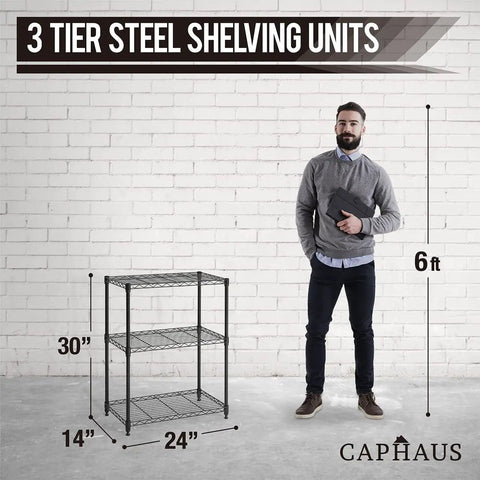 Three To Five Tier Adjustable Height Wire Shelving Unit With Heavy Duty Steel Frame And 250 Lb Per Shelf Capacity For Garage Organizer Pantry Kitchen Utility Storage Black, 24x14x30 in