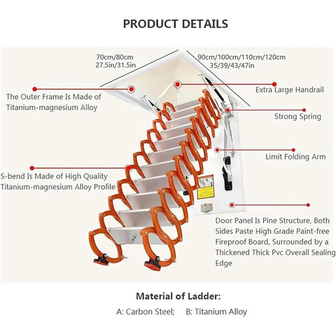 Heavy Duty Electric Attic Ladder Pull Down Loft Stairs With Slick Remote Trigger And Titanium Alloy Frame showing features and materials.
