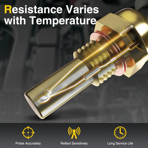 Close-up view of A-Premium engine coolant temperature sensor with brass housing and probe.
