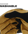 Close-up of Material4X M Pact Work Gloves With Impact Guard And D3O Palm Padding, showcasing machine washable feature, brown black, size large.
