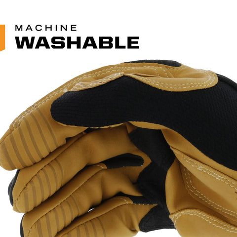 Close-up of Material4X M Pact Work Gloves With Impact Guard And D3O Palm Padding, showcasing machine washable feature, brown black, size large.