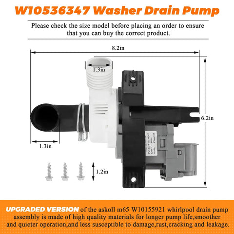 2026 Upgraded Washer Drain Pump Replacement W10536347 W10155921 W10049390 Fits Whirlpool Kenmore Maytag