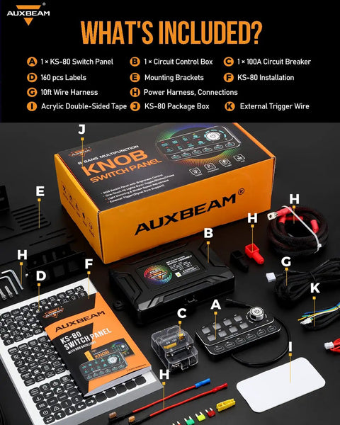 8 Gang Switch Panel With Rotary Knob And RGB Backlit Control components spread out with packaging and wiring included