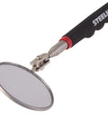 Telescoping 36 Inch Round Inspection Mirror With 2.25 Inch Head Articulating Pivot And Compact 6.25 Inch Foldable Handle For Tight Engine Bays And Under Car Handy Portable Mechanic Tool, shown in side view highlighting its articulating mirror and telescoping handle.
