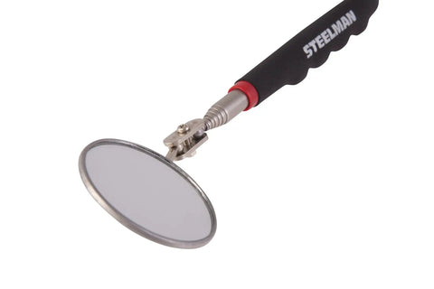Telescoping 36 Inch Round Inspection Mirror With 2.25 Inch Head Articulating Pivot And Compact 6.25 Inch Foldable Handle For Tight Engine Bays And Under Car Handy Portable Mechanic Tool, shown in side view highlighting its articulating mirror and telescoping handle.