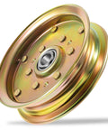 Gold-toned metal idler pulley assembly with bearing for lawn mower decks (angled view)
