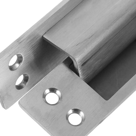 Close-up of Concealed Hidden Door Hinges Five Inch Silver Adjustable Beefy Heavy Duty Square Flush Mount Hardware
